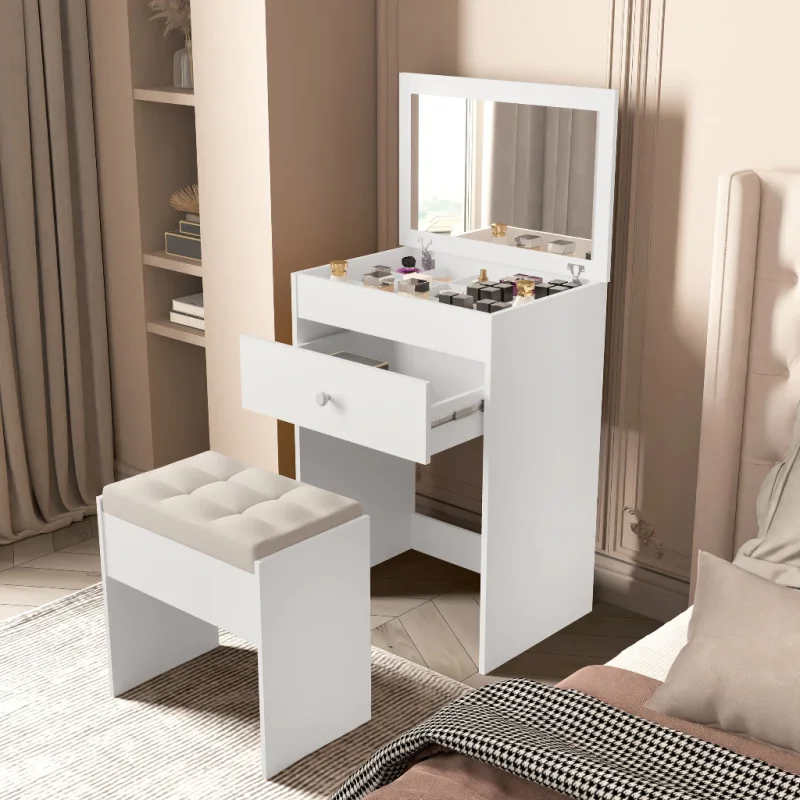 #7 Penteadeira Clara Com Espelho 1 Gavetas Divisórias e Banqueta Inclusa 100% MDF Compacta - LJ