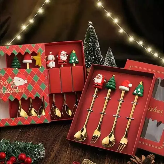 #25 Jogo conjunto de talher dourado aço inox 4pçs 6 PÇS garfo colher natal