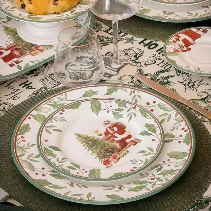 #31 Jogo com 6 Prato Raso Natalino Cerâmica Azevinho Alleanza Branco e Verde Natal